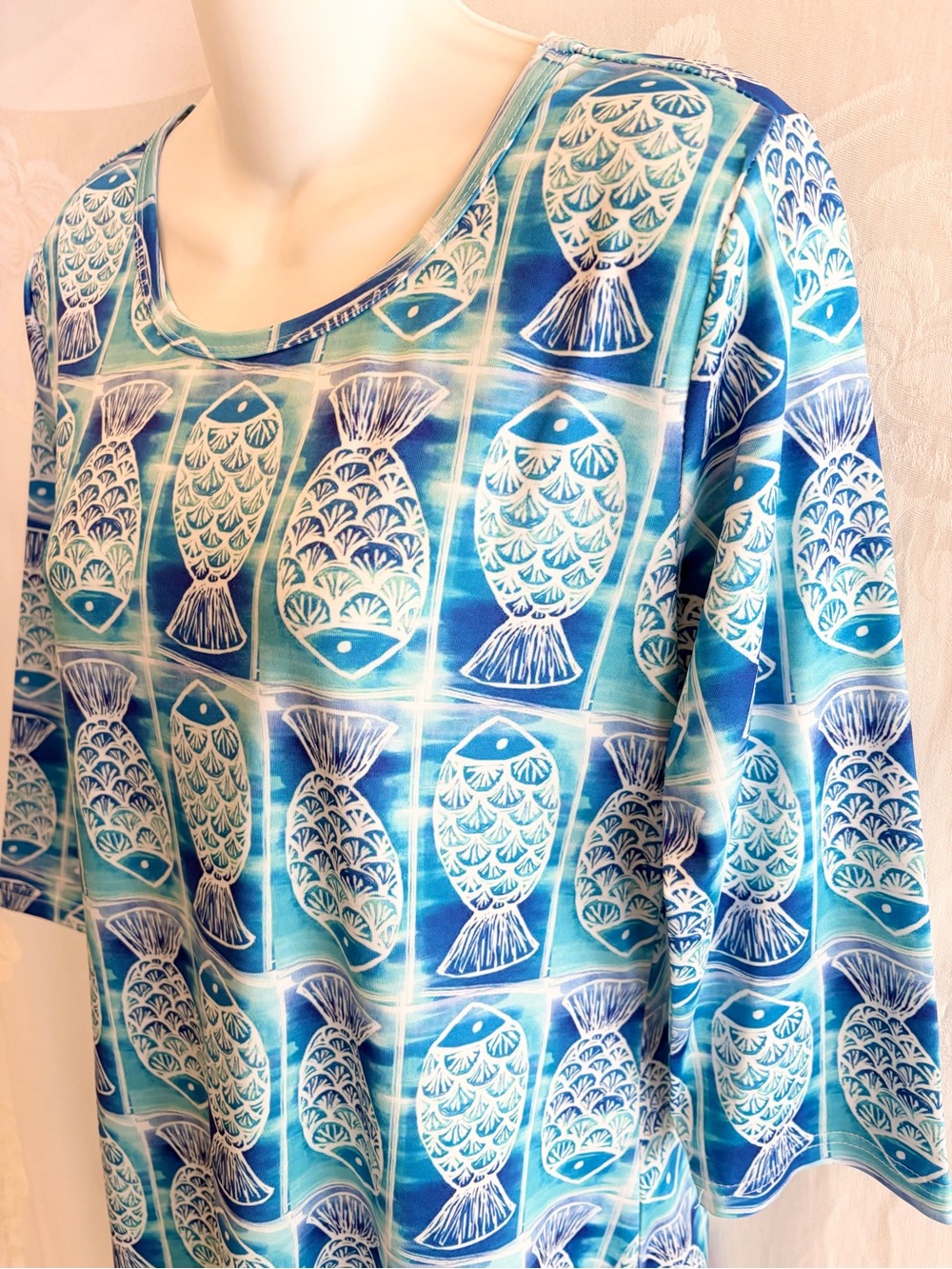 LULU B Aqua Fish Tile 3/4 Sleeve Dress Size S $90 UPF 50 Jersey Travel Resort - Picture 2 of 5